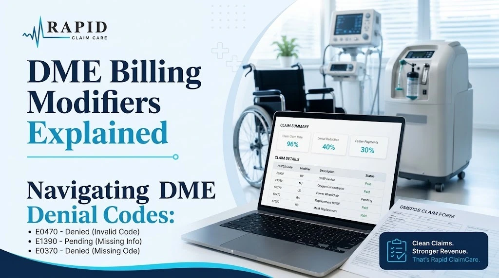 Rapid Claim Care graphic explaining DME billing modifiers and navigating DME denial codes with a laptop showing claim summaries and medical equipment in the background.