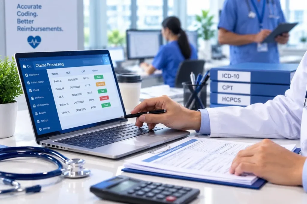 Healthcare professional analyzing medical claims processing software on a laptop.