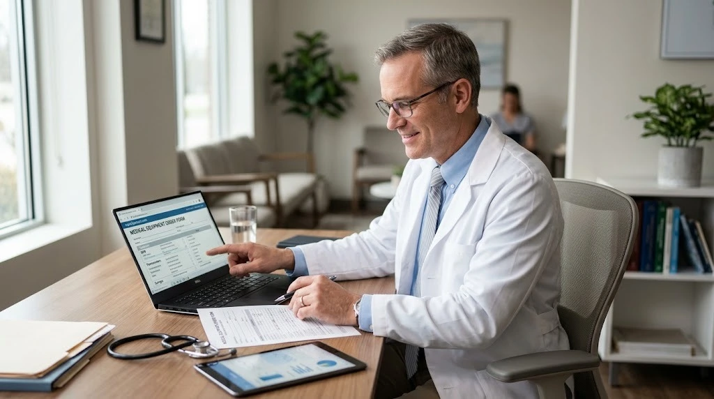 A physician reviewing paperwork at a desk with a laptop showing an EHR order screen in the background. Natural lighting, no stock-photo stiffness. Alt text: "Physician completing a DME Standard Written Order in an EHR system.