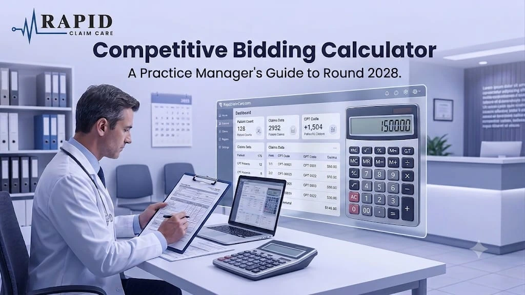 A woman looking at the DMEPOS Bid Pricing & Competitive Bidding Calculator: A Practice Manager's Guide to Round 2028