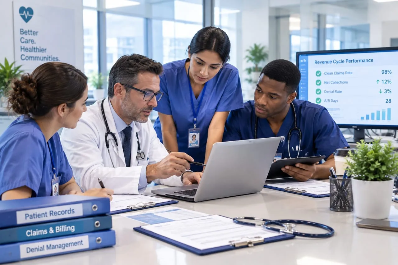 Team of healthcare professionals and medical billing staff